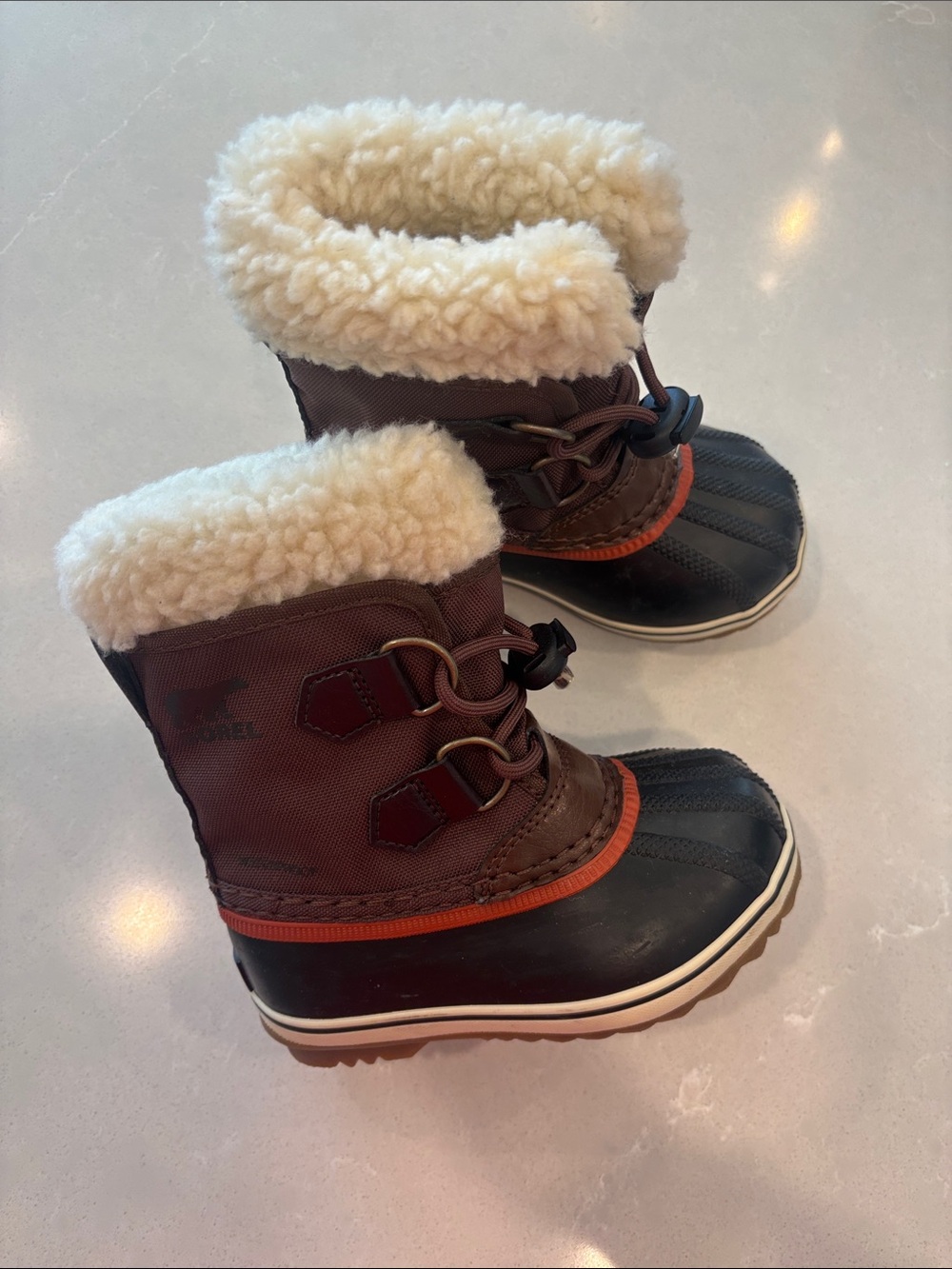 Sorel Kids Brown and Black Winter Boots with Cream Sherpa Collar- like new!